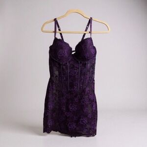 Purple Lace Corset Babydoll Chemise Lingerie Adjustable Straps Ribbon Tie‎